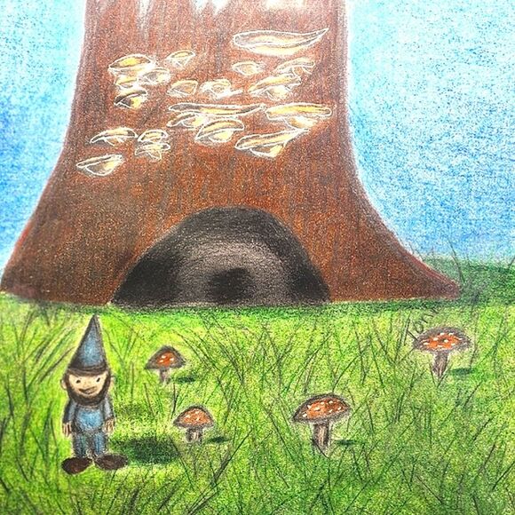 Hand Crafted Gnome Tree House Colored Pencil Drawing Framed 9x11" - Picture 2 of 13